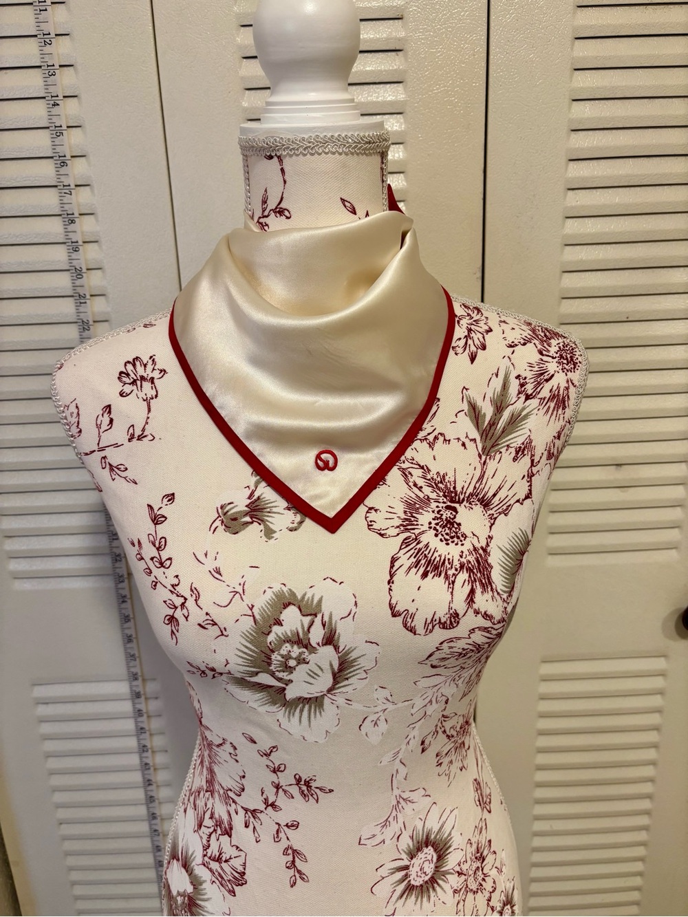 St. John Cream Silk Scarf with Red Trim